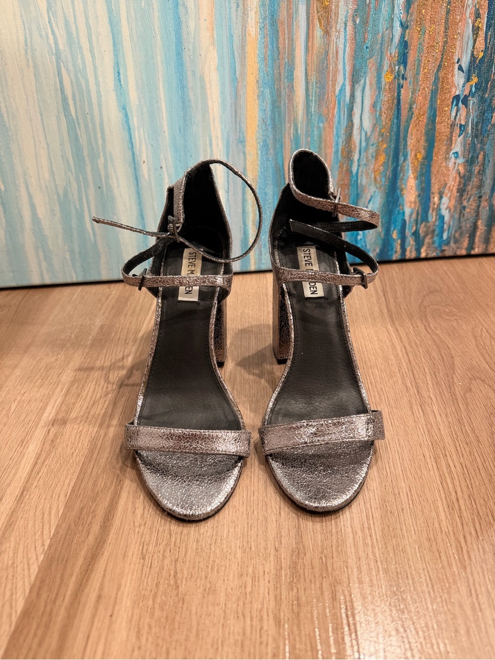 Steve Madden Silver Metallic Ankle-Strap Block Heels
